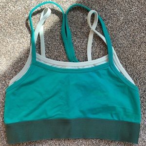 Fabletics Poppy teal and gray strappy sports bra